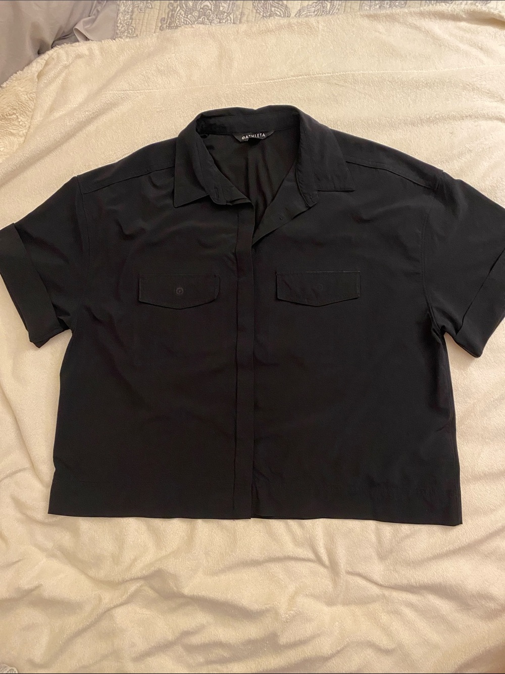 Athleta Black Short-Sleeve Button-Down Shirt